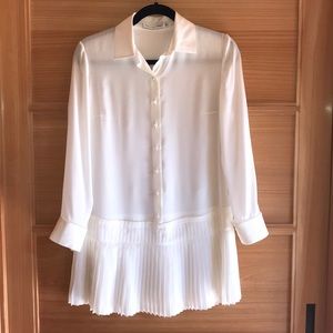 Dior White Silk Pleated Long Sleeve Shirt Dress